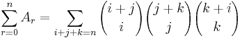 \sum_{r=0}^n A_r = \sum_{i+j+k=n} {i+j\choose i} {j+k\choose j} {k+i \choose k}