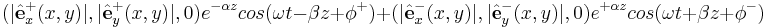 (|\hat \textbf{e}_x^+(x,y)|,|\hat \textbf{e}_y^+(x,y)|,0)e^{-\alpha z} cos(\omega t-\beta z+\phi^+) + (|\hat \textbf{e}_x^-(x,y)|,|\hat \textbf{e}_y^-(x,y)|,0)e^{+\alpha z} cos(\omega t+\beta z+\phi^-)