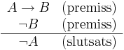 
\begin{array}{cc}
A \rightarrow B & \mathrm{(premiss)}\\
\neg B & \mathrm{(premiss)}\\
\hline
\neg A & \mathrm{(slutsats)}\\
\end{array}
