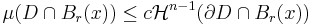 \mu (D \cap B_r(x)) \leq c\mathcal{H}^{n-1} (\partial D \cap B_r(x))