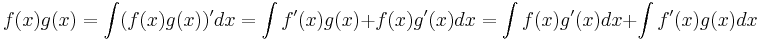 f(x)g(x)=\int (f(x)g(x))' dx=\int f'(x)g(x)+f(x)g'(x) dx= \int f(x)g'(x) dx +\int f'(x)g(x) dx