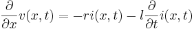 
\frac{\partial}{\partial x} v(x,t) =
 - r i(x,t) -l \frac{\partial}{\partial t} i(x,t)
