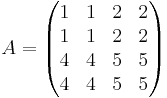 A=
\begin{pmatrix}
1 & 1 & 2 & 2 \\
1 & 1 & 2 & 2 \\
4 & 4 & 5 & 5 \\
4 & 4 & 5 & 5
\end{pmatrix}
