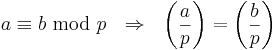 a\equiv b\ \operatorname{mod}\ p \ \ \Rightarrow \ \ \left(\frac{a}{p}\right) = \left(\frac{b}{p}\right)