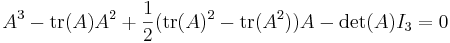 A^3-\mbox{tr}(A)A^2+\frac{1}{2}\big(\mbox{tr}(A)^2-\mbox{tr}(A^2)\big)A-\det(A)I_3=0