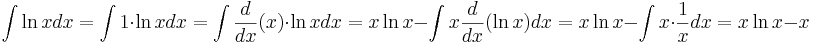 \int \ln x dx= \int 1\cdot \ln x dx=\int \frac{d}{dx}(x)\cdot \ln x dx = x\ln x -\int x \frac{d}{dx}(\ln x)dx=x\ln x- \int x\cdot \frac{1}{x}dx =x\ln x - x