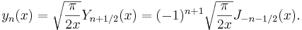 y_n(x) = \sqrt{\frac{\pi}{2x}} Y_{n+1/2}(x) = (-1)^{n+1} \sqrt{\frac{\pi}{2x}} J_{-n-1/2}(x).