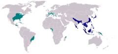 Mörkblå: ursprungsområdeMörkgrön: introducerad (till december 2007)