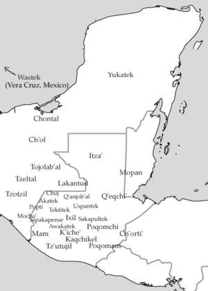 Karta som visar områden där de olika mayaspråken talas idag