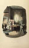 Marleys vålnad hemsöker Ebenezer Scrooge i Charles Dickens "En julsaga". Akvarell av John Leech.