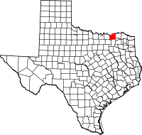 Karta över Texas med Fannin County markerat