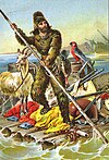 För 300 år sedan räddas den skotske sjömannen Alexander Selkirk från en öde i Stilla havet. Selkirk blir förebild för Daniel Defoes roman om Robinson Crusoe. Bilden visar en illustration av Robinson Crusoe från omkring 1880.