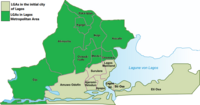 Karta över Lagos storstadsområde, bestående av 16 distrikt.