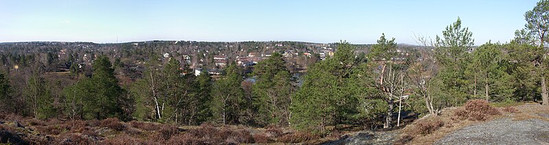 Vy från Stockholms nästhögsta punkt, Långsjöhöjden (73 m ö.h.) över Långsjön mot sydväst. Foto: Holger Ellgaard