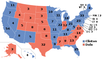 Fördelning av elektorer per delstat i 1996 års presidentval.