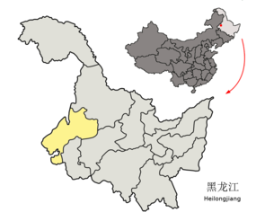 Qiqihars läge i Heilongjiang, Kina.