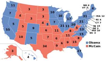 Fördelning av elektorer per delstat i 2008 års presidentval.
