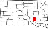 Karta över South Dakota med Aurora County markerat