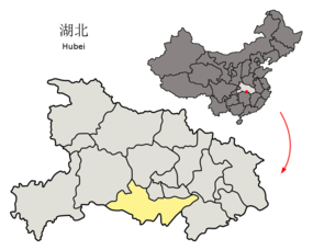 Jingzhous läge i Hubei, Kina.