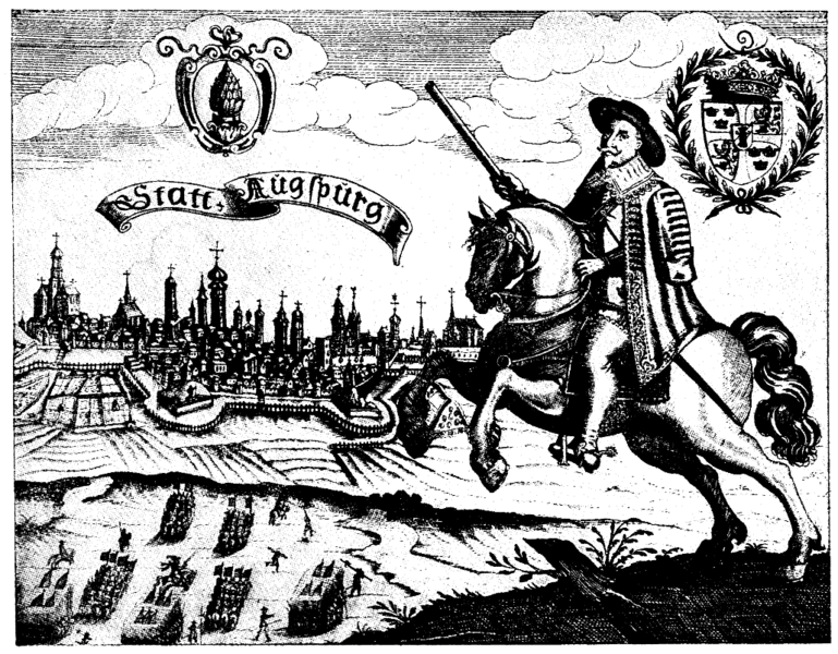 Fil:Hyllningsgravyr med anledning av Gustaf II Adolfs befriarens intåg i Augsburg 1632, Nordisk familjebok.png