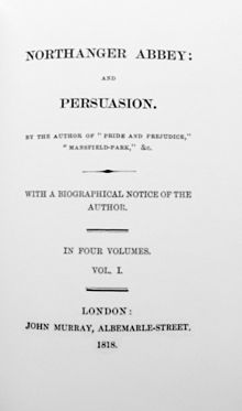 Titelsidan ur originalutgåvan av Northanger Abbey och Övertalning (1818).