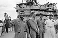 Apollo 13:s besättning ombord på hangarfartyget U.S.S. Iwo Jima efter att med nöd och näppe ha överlevt den olycksdrabbade månfärden. Fr.v. till h: Fred W. Haise, John "Jack" L. Swigert Jr. och befälhavaren James "Jim" A. Lovell Jr.