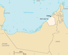 Dubai, staden och emiratet, på karta över Förenade arabemiraten