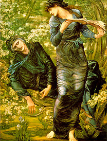 En målning som föreställer Merlin när han charmar en kvinna, målad av Edward Burne-Jones.
