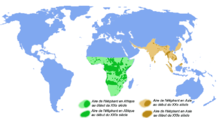Elefanternas utbredningsområde; grön = afrikanska elefanter, brun = asiatisk elefant, ljust+mörkt = vid början av 1800-talet, bara mörkt = vid början av 1900-talet