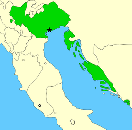 Republiken Venedig 1796. Joniska öarna, vilka tillhörde Venedig, visas inte på kartan.