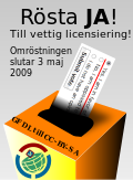 Propaganda poster for Wikimedia licensing vote - vote yes for licensing sanity - sv.svg
