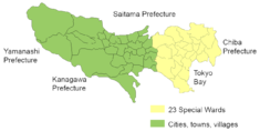Karta över Tokyo prefektur. De 23 innerstadskommunerna är markerade med gult.