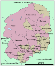 Karta över Tochigi prefektur, städer i lila ton, köpingar och byar i grått.