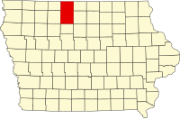 Karta över Iowa med Kossuth County markerat