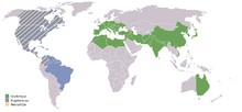 Utbredningskarta: släktet Gryllotalpa (grönt), Scapteriscus (blått) och Neocurtilla (gult)