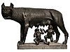 Den kapitolinska varginnan med de diande bröderna Romulus och Remus. Enligt legenden grundar Romulus staden Rom 753 f.Kr.