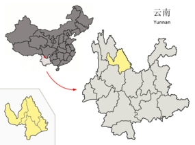 Lijiangs läge i Yunnan, Kina.