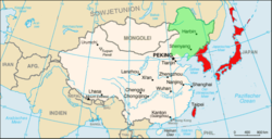 Ovan: Manchukuo markerat med grönt, Japan med rött