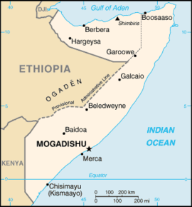 Karta över Somalia med Mogadishu utmärkt.