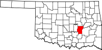 Karta över Oklahoma med Hughes County markerat