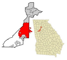 Geografiskt läge i Fulton County och DeKalb County och delstaten Georgia