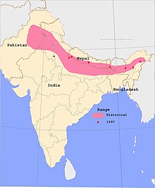 Den indiska pansarnoshörningens utbredningsområde markerat med rosa