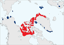 Myskoxens naturliga (röda) och inplanterade (blå) utbredningsområde