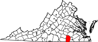 Karta över Virginia med Brunswick County markerat