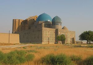 View of the Mausoleum of Khoja Ahmed Yasavi in Türkistan, Kazakhstan.
