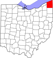 Karta över Ohio med Ashtabula County markerat