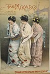 Annonsaffisch från 1885 för Gilbert och Sullivans operett "Mikadon". Den visar ett av operettens mest välkända nummer, "Tre jungfrur" ("Three Little Maids").