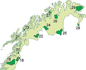 Karta över nationalparker i Nordnorge.  Saltfjellet-Svartisen nationalpark har nummer 18.