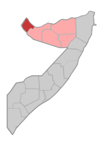 Lägeskarta (Awdal i mörkrött, övriga Somaliland i ljusrött, övriga Somalia i grått)