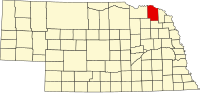 Karta över Nebraska med Cedar County markerat